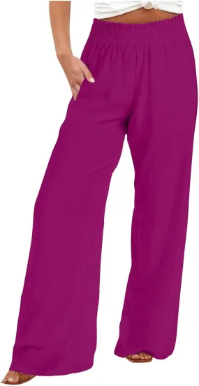 DDAPJ pyju Cotton Linen Summer Pants for Women 2025 Casual Smocked High Waisted Palazzo Pants Wide Leg Trousers with Pockets