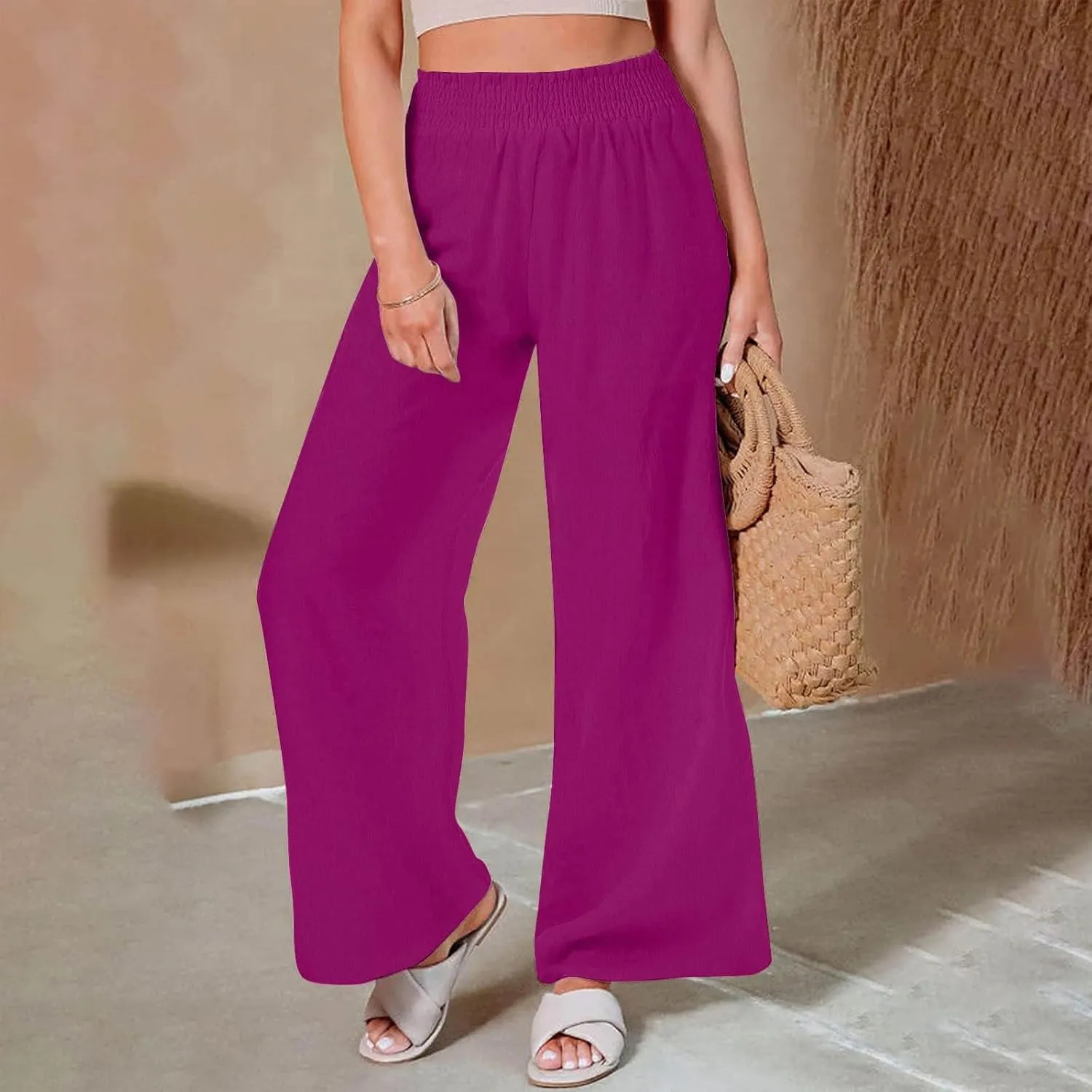 DDAPJ pyju Cotton Linen Summer Pants for Women 2025 Casual Smocked High Waisted Palazzo Pants Wide Leg Trousers with Pockets