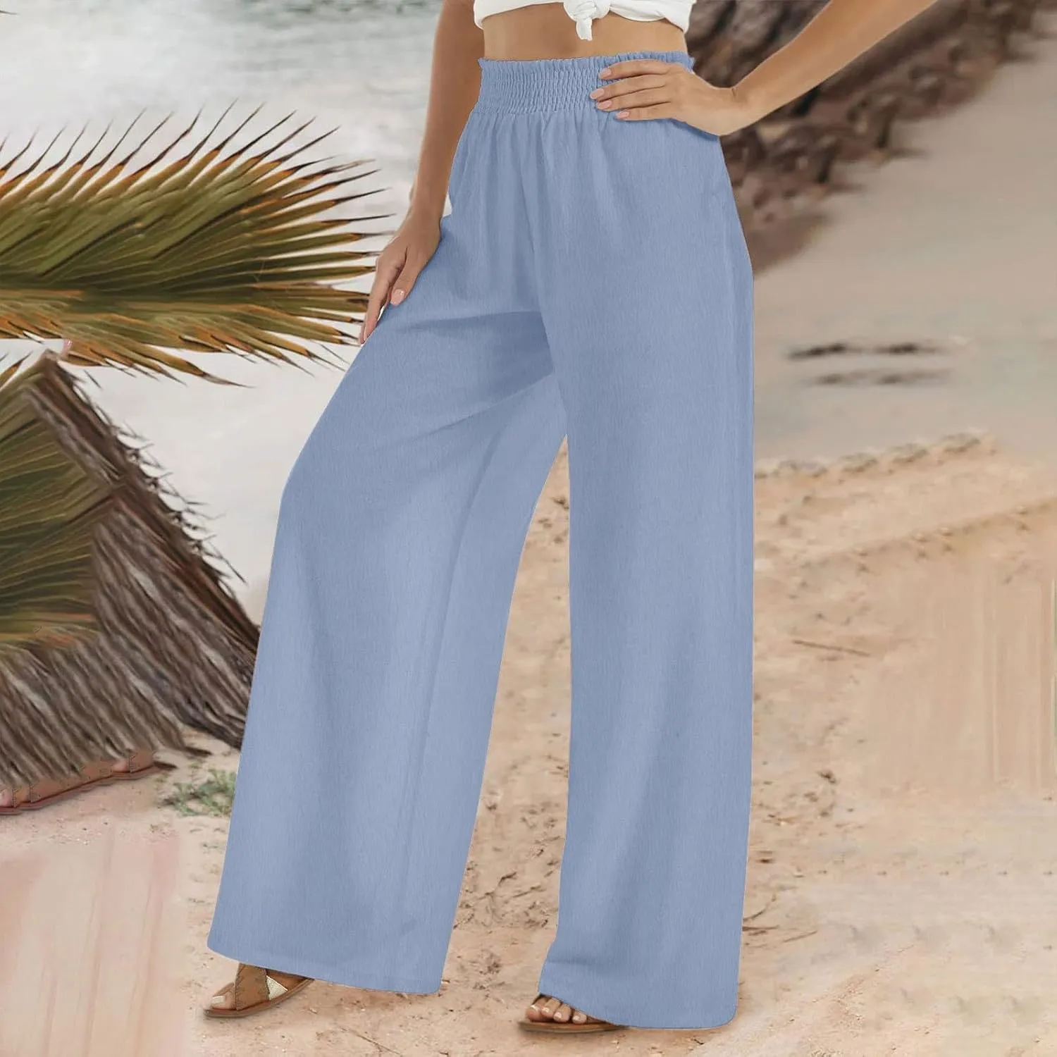 DDAPJ pyju Cotton Linen Summer Pants for Women 2025 Casual Smocked High Waisted Palazzo Pants Wide Leg Trousers with Pockets
