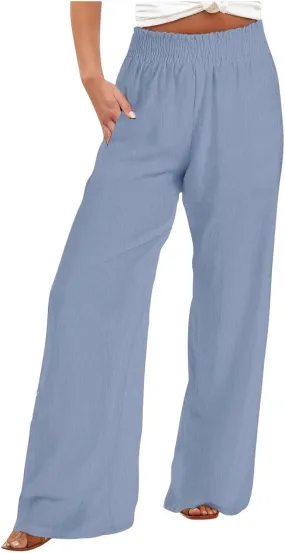 DDAPJ pyju Cotton Linen Summer Pants for Women 2025 Casual Smocked High Waisted Palazzo Pants Wide Leg Trousers with Pockets