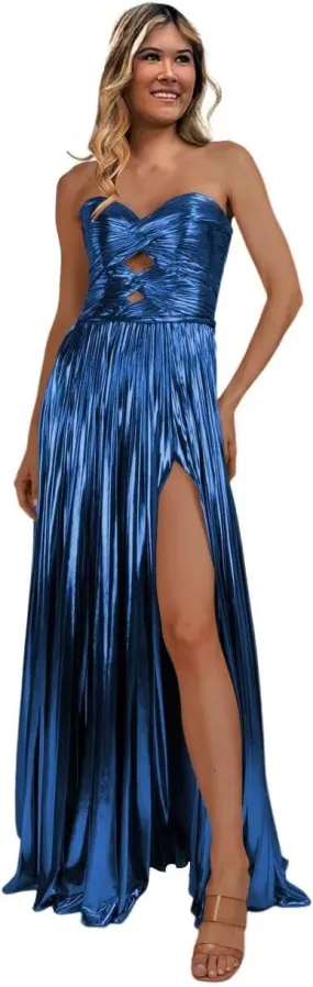 Dessiny Strapless Glitter Metallic Satin Prom Dresses for Women 2024 Long Pleated Formal Party Evening Gowns with Slit DE315