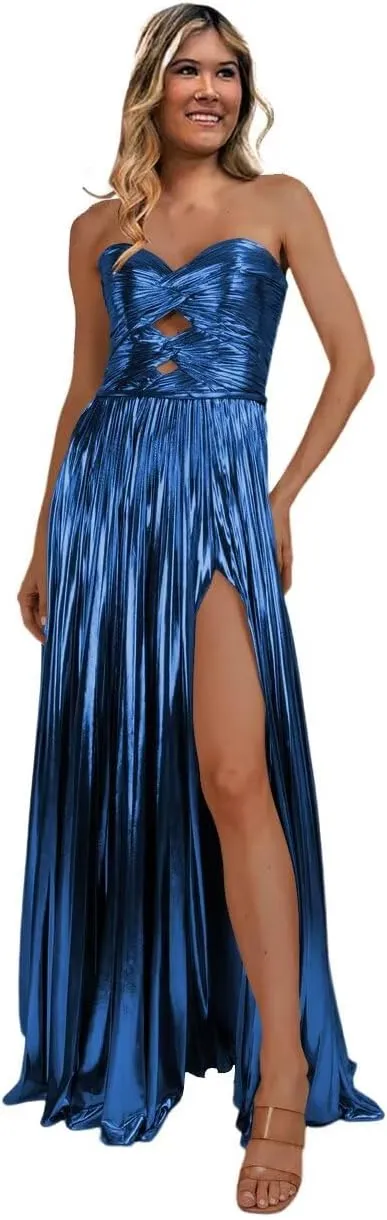 Dessiny Strapless Glitter Metallic Satin Prom Dresses for Women 2024 Long Pleated Formal Party Evening Gowns with Slit DE315