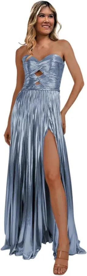 Dessiny Strapless Glitter Metallic Satin Prom Dresses for Women 2024 Long Pleated Formal Party Evening Gowns with Slit DE315