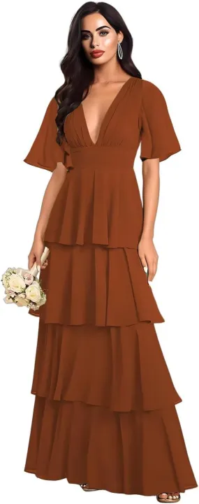 Double V Neck Short Sleeve Bridesmaid Dresses Long Ruffled Chiffon Tiered A Line Formal Evening Dress EL92