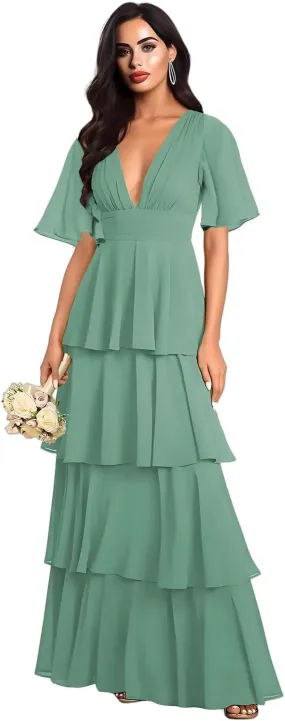 Double V Neck Short Sleeve Bridesmaid Dresses Long Ruffled Chiffon Tiered A Line Formal Evening Dress EL92