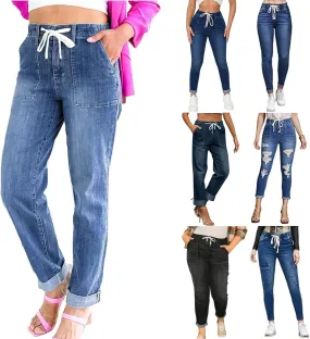 Drawstring Jeans Women Pull On High Waisted Denim Joggers Boyfriend Baggy Cropped Straight Leg Jeans with Pockets