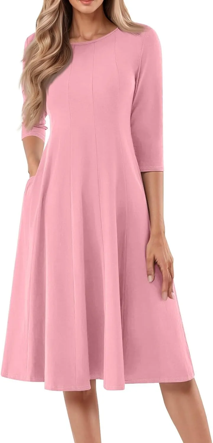 Dress for Women Casual Spring 3/4 Sleeve Ruched Dresses Midi Crew Neck A Line Solid Color with Pockets
