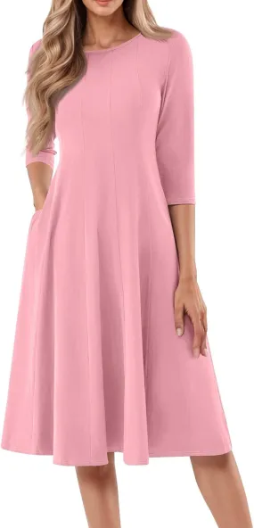Dress for Women Casual Spring 3/4 Sleeve Ruched Dresses Midi Crew Neck A Line Solid Color with Pockets