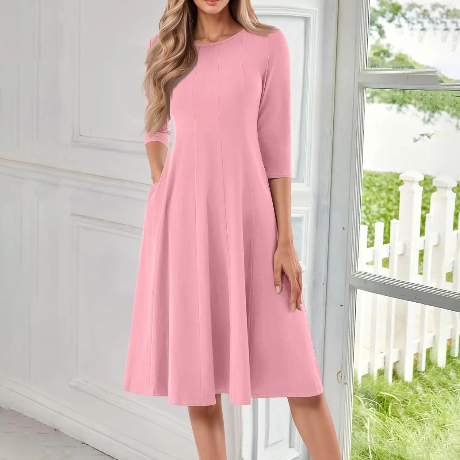 Dress for Women Casual Spring 3/4 Sleeve Ruched Dresses Midi Crew Neck A Line Solid Color with Pockets