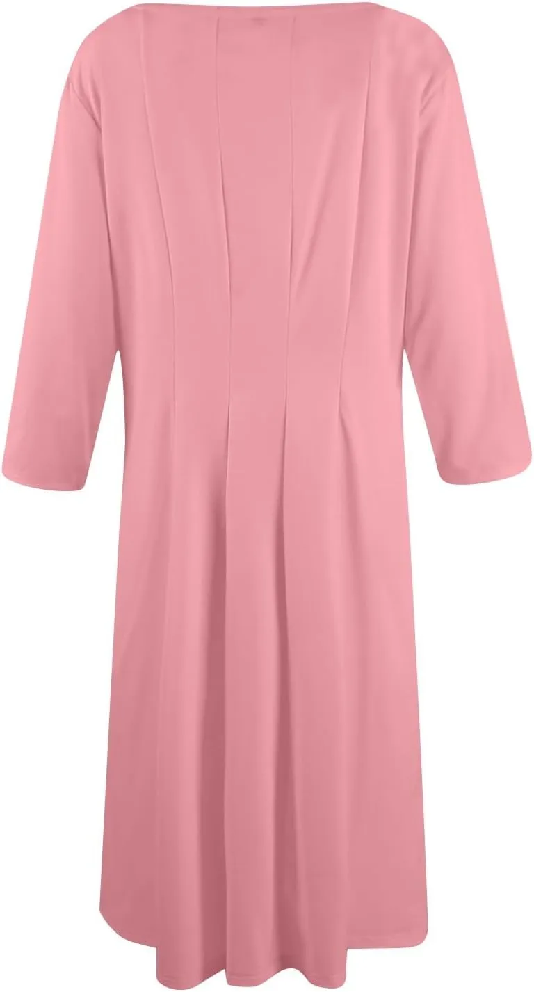 Dress for Women Casual Spring 3/4 Sleeve Ruched Dresses Midi Crew Neck A Line Solid Color with Pockets