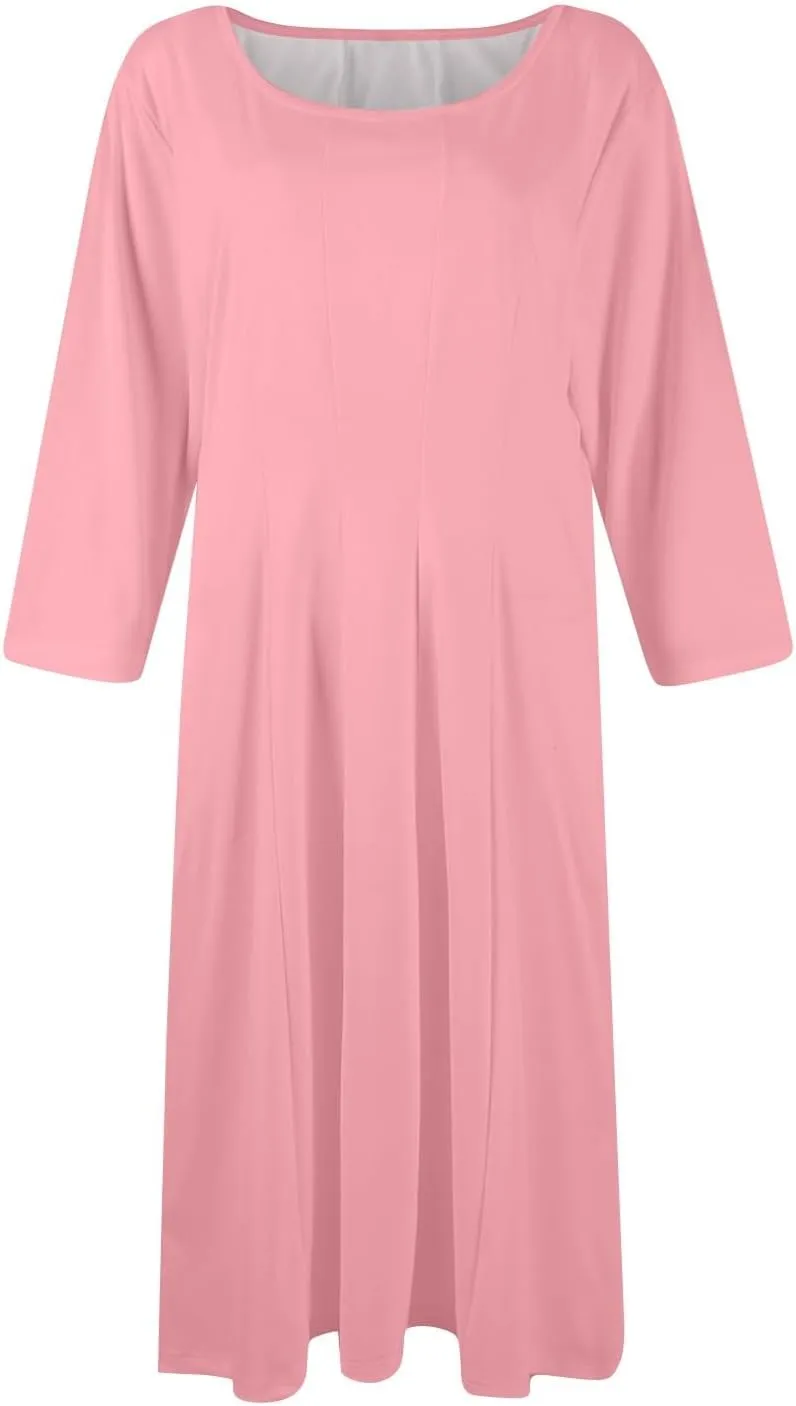 Dress for Women Casual Spring 3/4 Sleeve Ruched Dresses Midi Crew Neck A Line Solid Color with Pockets