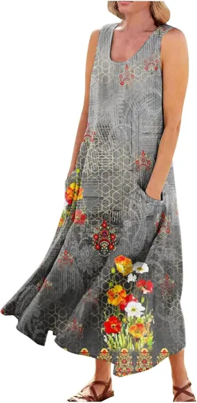 Dresses for Women 2025 Floral Print Sleeveless Beach Dress U Neck A-Line Boho Dress Casual Sundress with Pockets