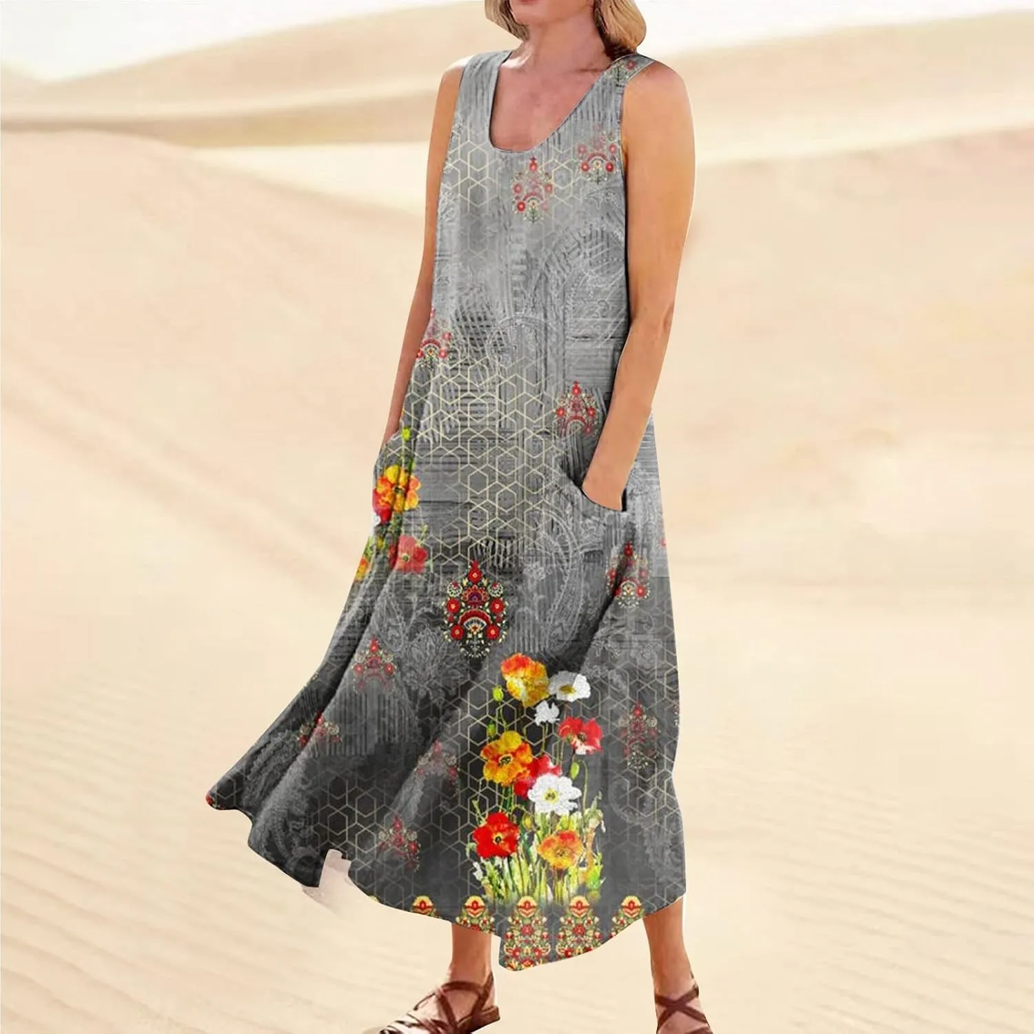 Dresses for Women 2025 Floral Print Sleeveless Beach Dress U Neck A-Line Boho Dress Casual Sundress with Pockets
