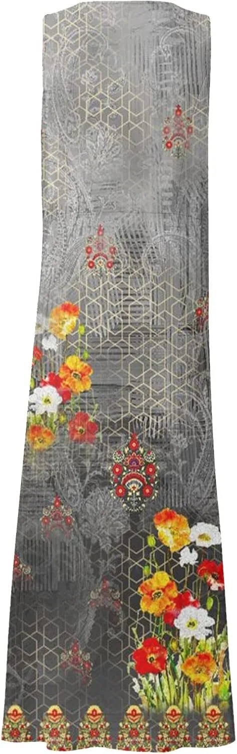 Dresses for Women 2025 Floral Print Sleeveless Beach Dress U Neck A-Line Boho Dress Casual Sundress with Pockets