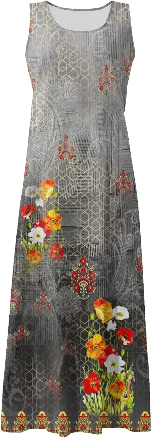 Dresses for Women 2025 Floral Print Sleeveless Beach Dress U Neck A-Line Boho Dress Casual Sundress with Pockets