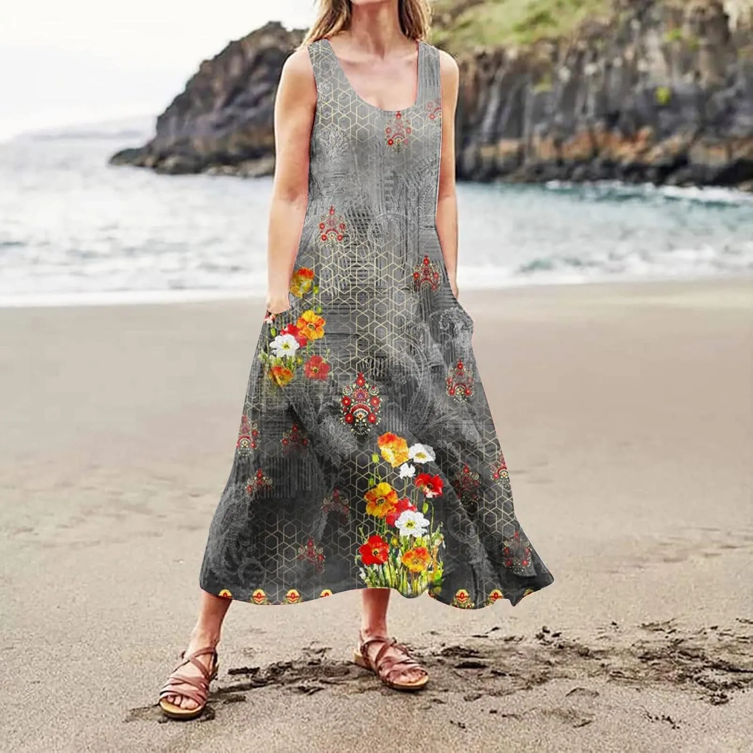Dresses for Women 2025 Floral Print Sleeveless Beach Dress U Neck A-Line Boho Dress Casual Sundress with Pockets
