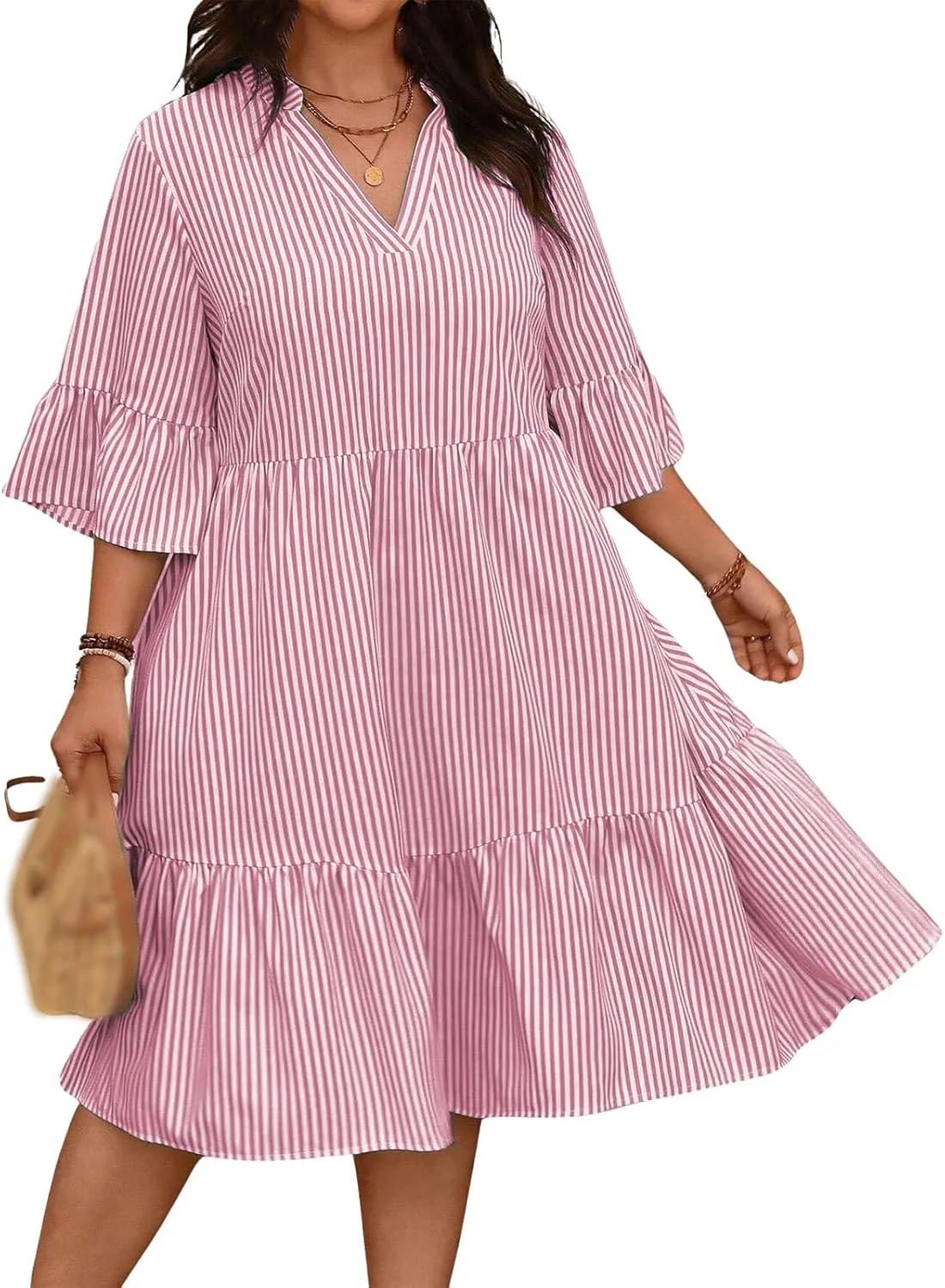 Dresses for Women 2025 Summer Striped Ruffle Mini Dress V Neck Short Sleeve Dresses Loose A Line Flowy Beach Dress
