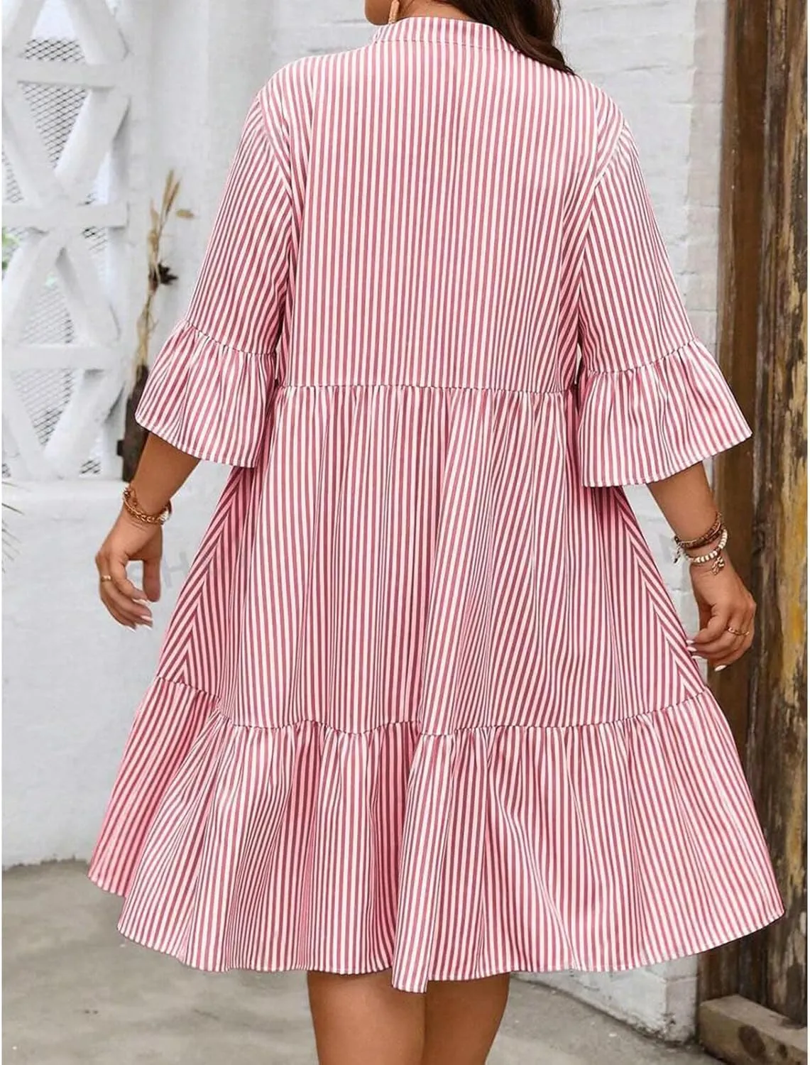 Dresses for Women 2025 Summer Striped Ruffle Mini Dress V Neck Short Sleeve Dresses Loose A Line Flowy Beach Dress