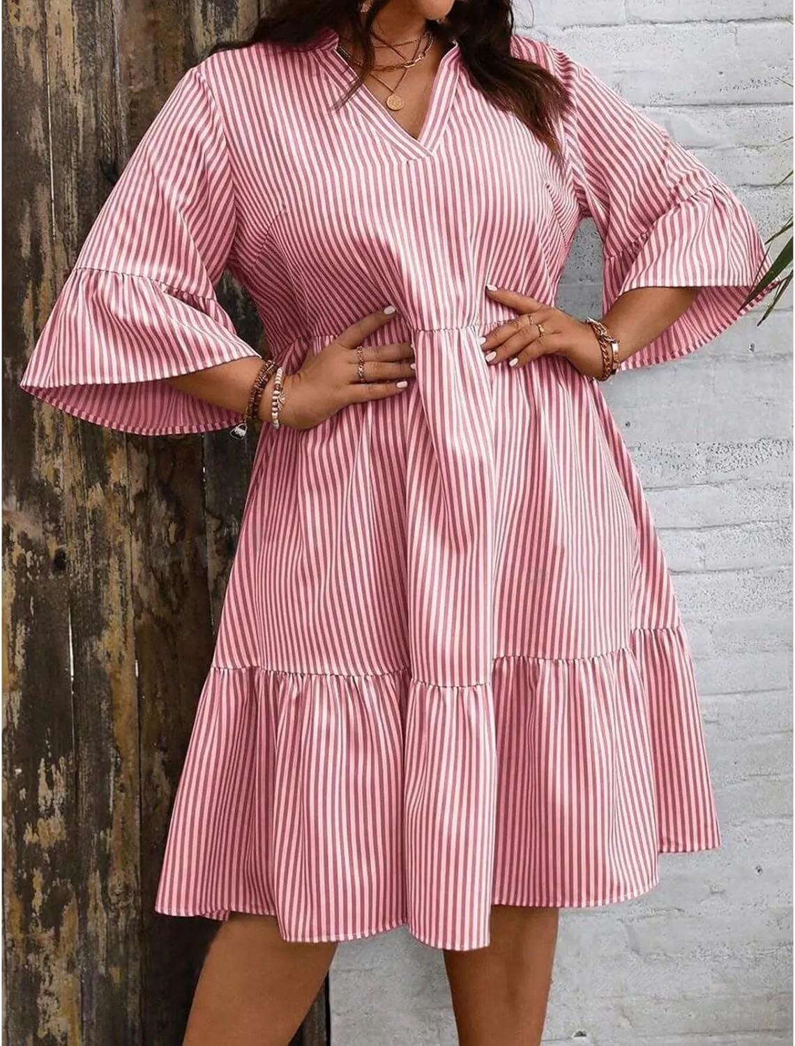 Dresses for Women 2025 Summer Striped Ruffle Mini Dress V Neck Short Sleeve Dresses Loose A Line Flowy Beach Dress