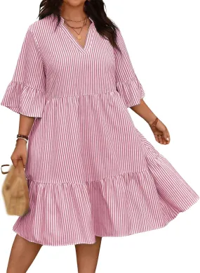Dresses for Women 2025 Summer Striped Ruffle Mini Dress V Neck Short Sleeve Dresses Loose A Line Flowy Beach Dress