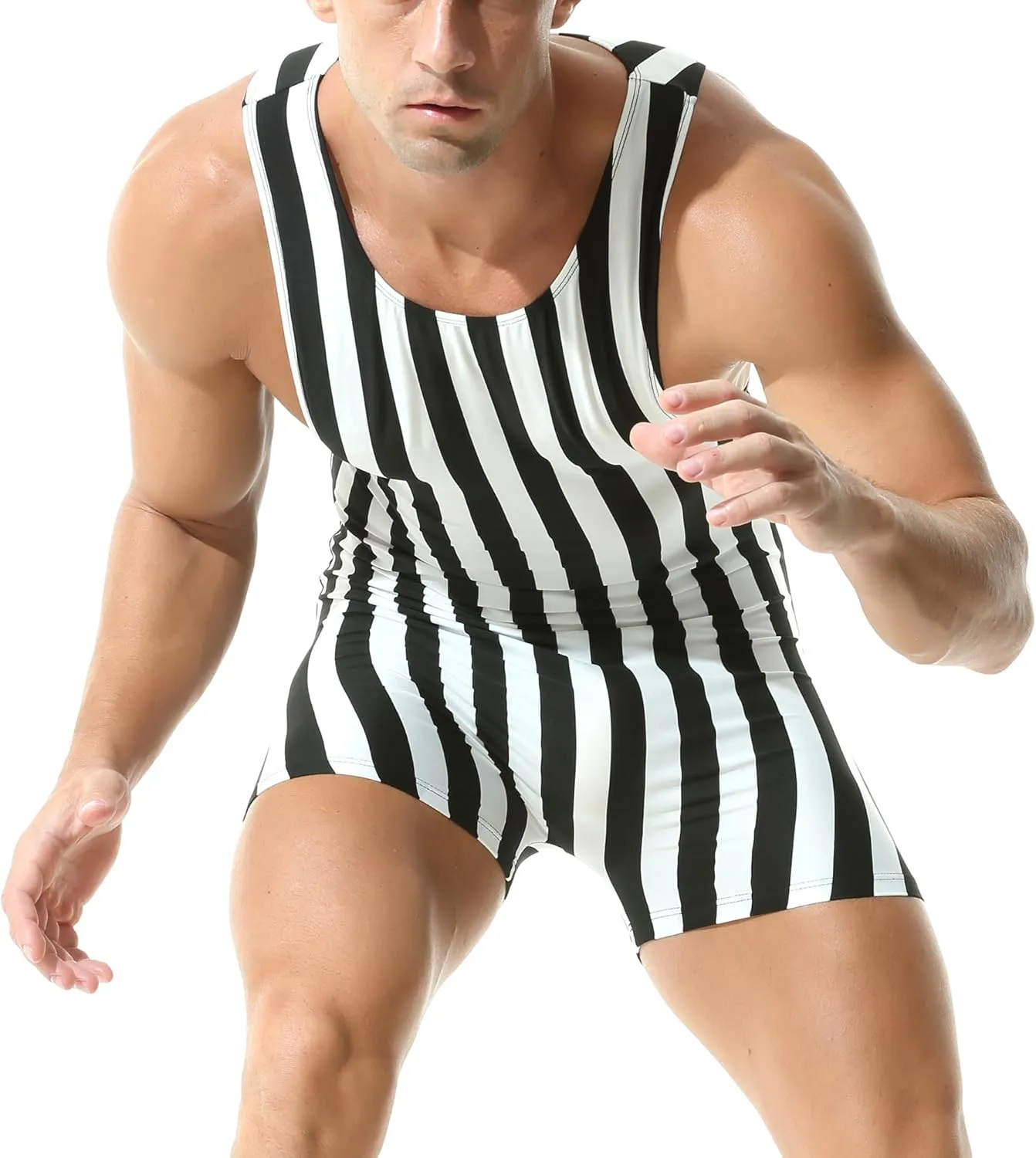 DTODWW Mens Striped Wrestling Singlet Bodysuit One Piece Swimsuit Stretchy Base Layers Pajamas Leotard Athletic Jumpsuit