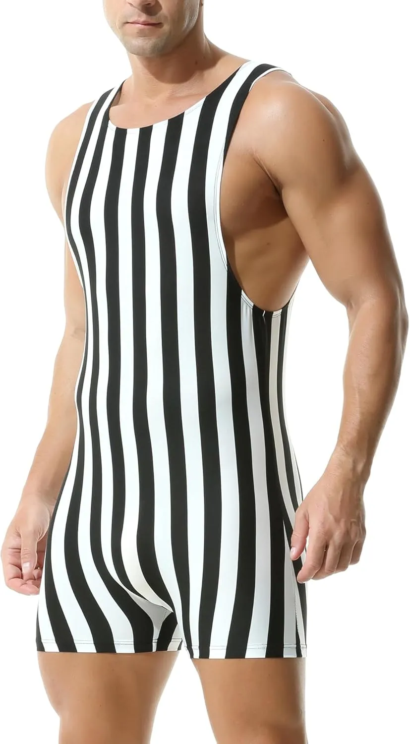 DTODWW Mens Striped Wrestling Singlet Bodysuit One Piece Swimsuit Stretchy Base Layers Pajamas Leotard Athletic Jumpsuit