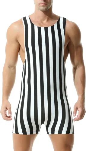 DTODWW Mens Striped Wrestling Singlet Bodysuit One Piece Swimsuit Stretchy Base Layers Pajamas Leotard Athletic Jumpsuit