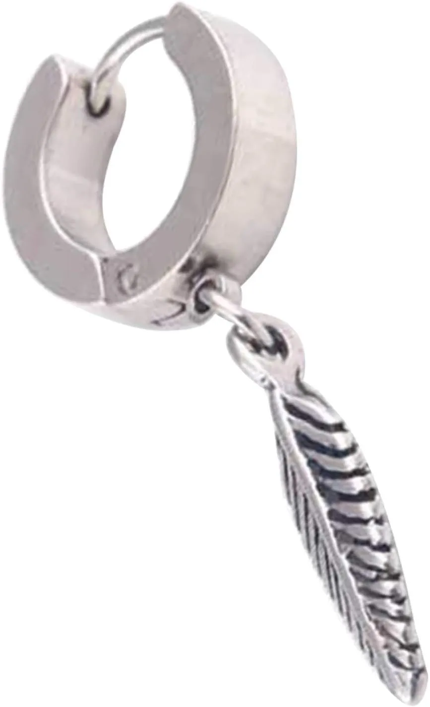Earring Hoop Stud Drop & Dangle, 1Pc Punk Men Feather Pendant Stainless Steel Hoop Earring Party Jewelry Gift for Women Teen Girls Birthday Christmas Friends Gift