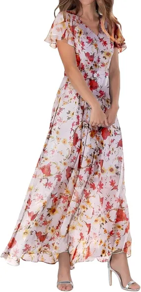 Elegant Dresses for Women 2024 Floral Print Ruffle Short Sleeve A-Line Dress Trendy V Neck High Waist Maxi Dress