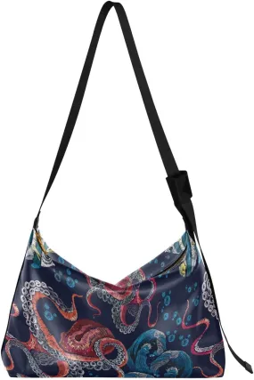 Embroidery Octopus Hobo Crossbody Bags for Women Leather Large Shoulder Bag Cross Body Trendy Womens Tote Bags Handbag for Travel Shopping