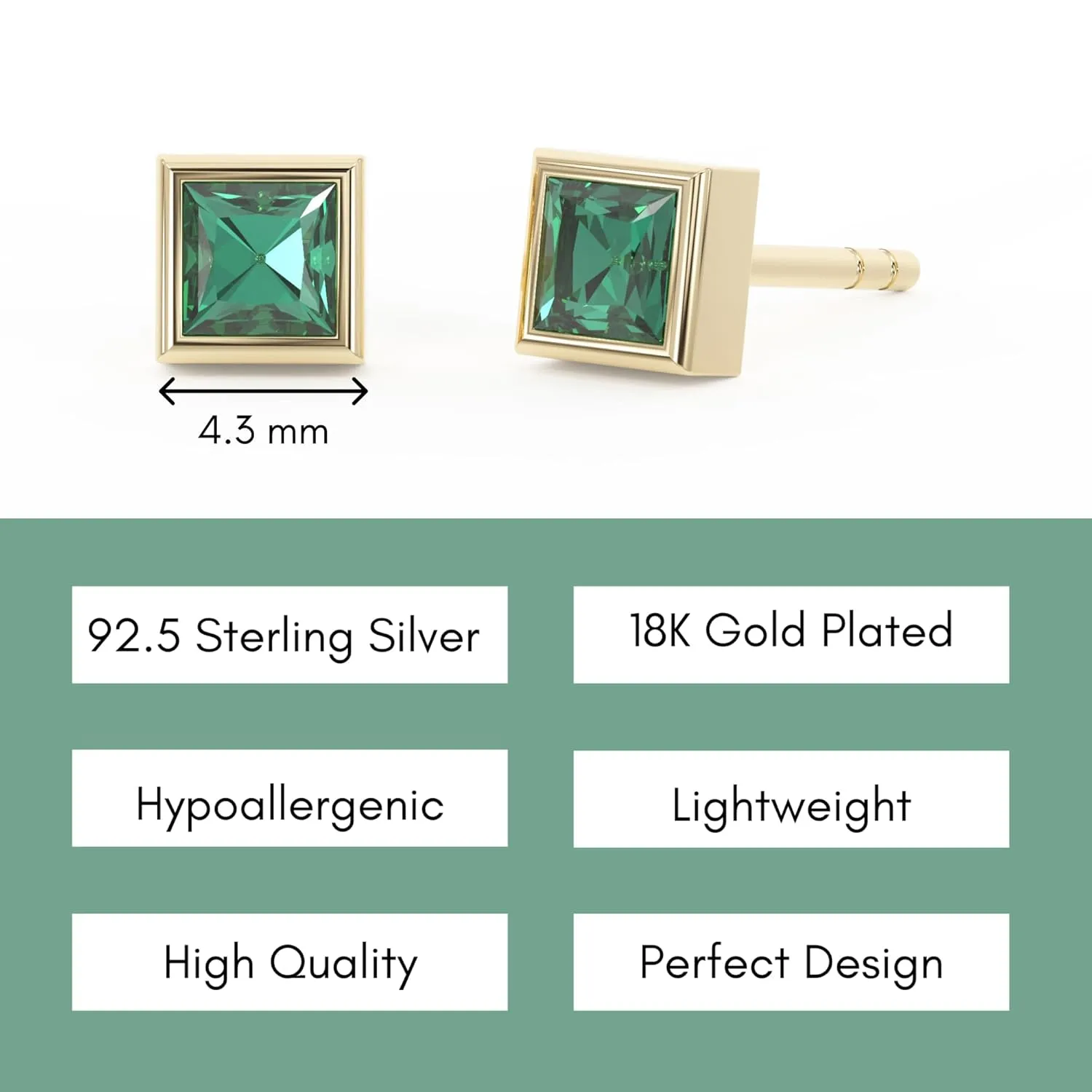Emerald Stud Earrings for Women, Square Stud Earrings - Hypoallergenic 18K Gold Stud Earrings, Genuine 925 Sterling Silver - May Birthstone Mothers Day Gifts (4.3mm Square)