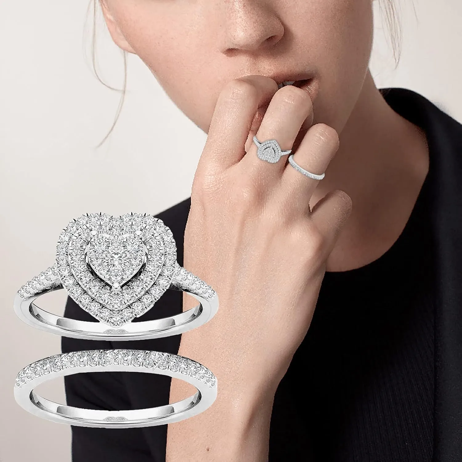 Engagement Ring Bridal Set 925 Silver Heart Shape CZ Cubic Zirconia Anniversary Wedding Band For Women Ladies