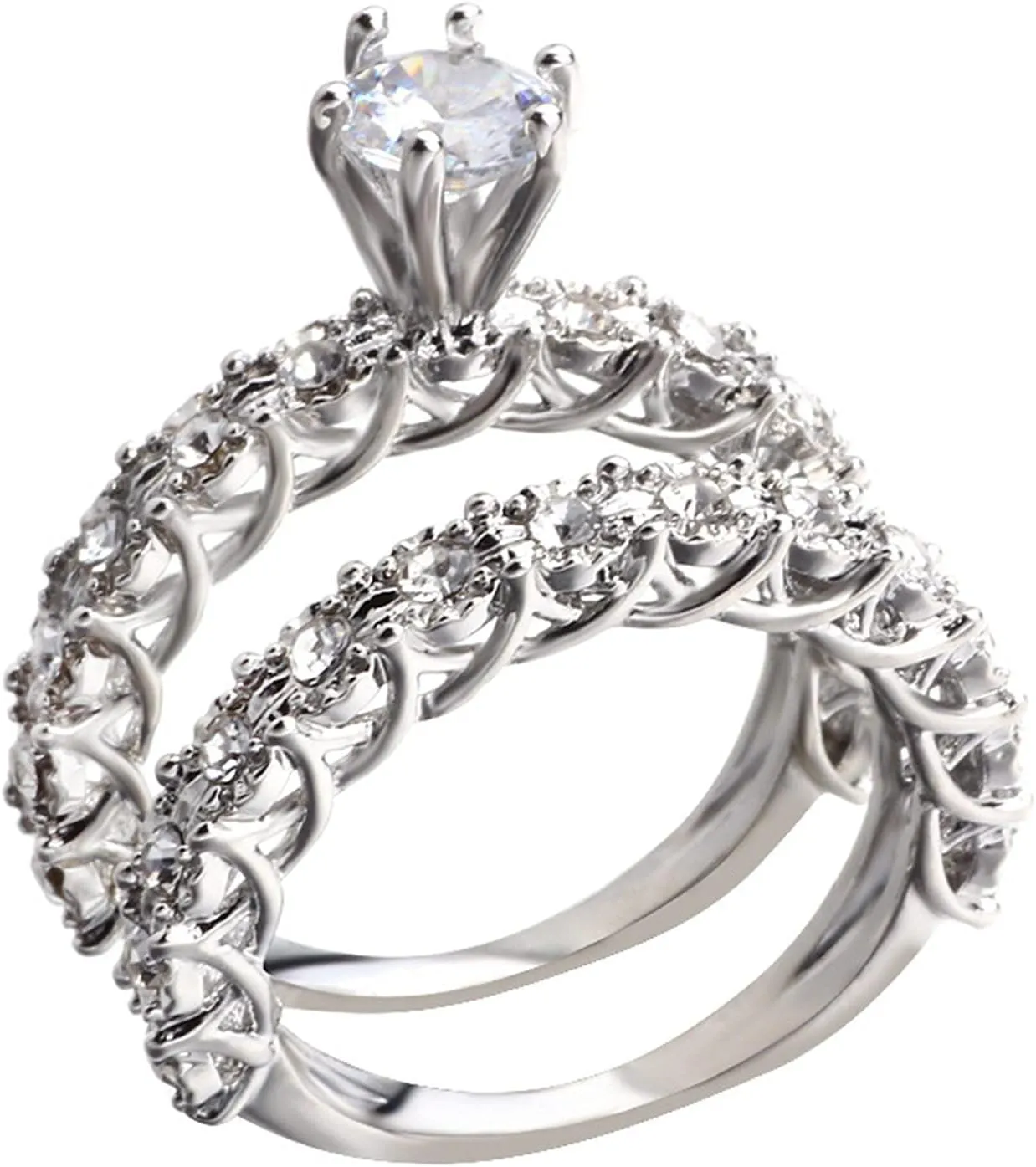 Engagement Rings for Women Round Bridal Ring Sets Cubic Zirconia Wedding Band Ladies Engagement Band Set Silver