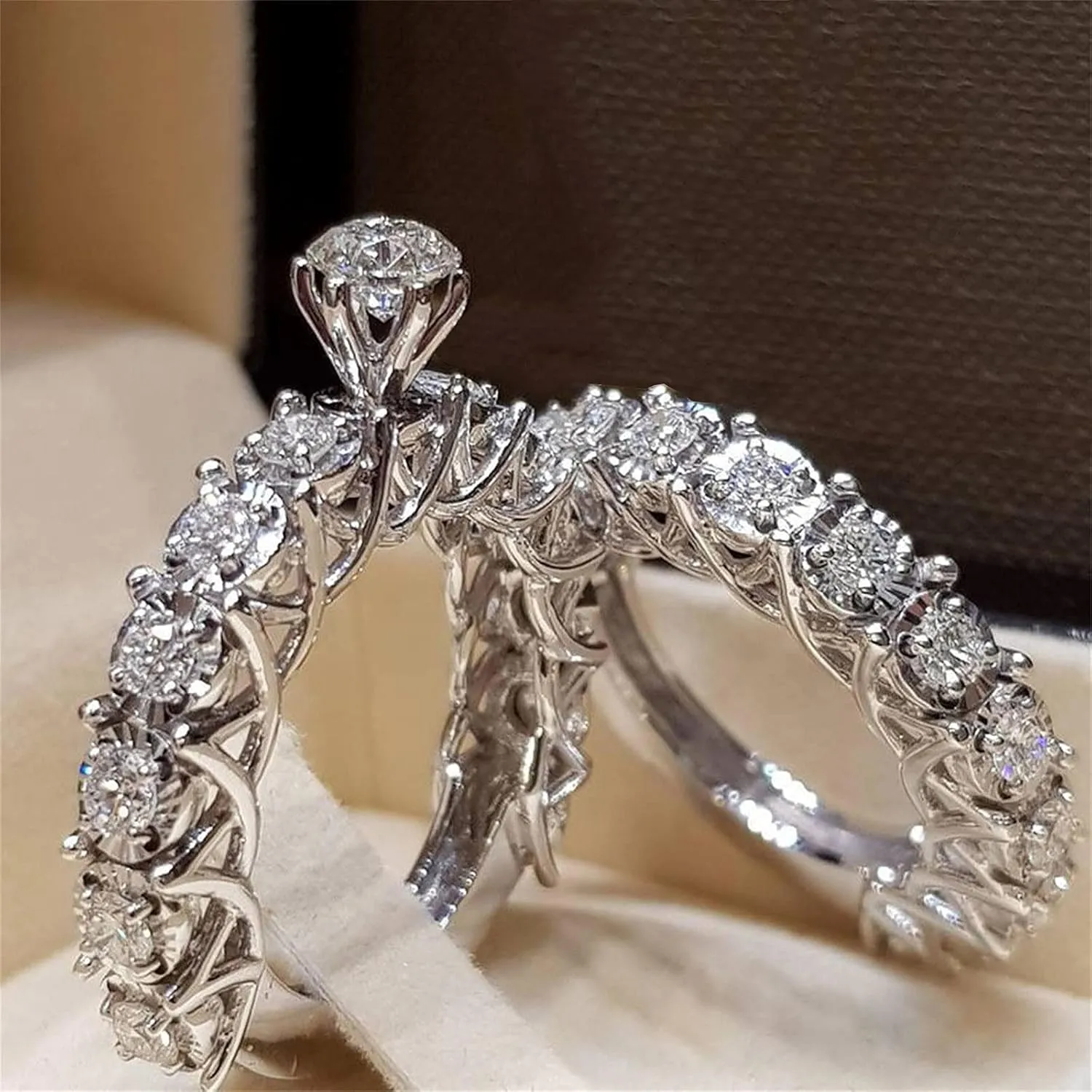 Engagement Rings for Women Round Bridal Ring Sets Cubic Zirconia Wedding Band Ladies Engagement Band Set Silver