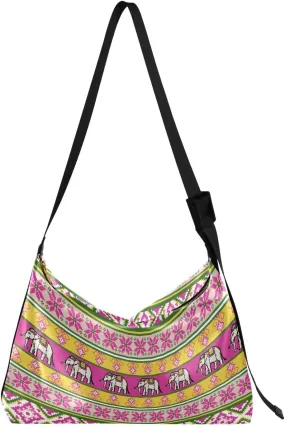 Ethnic Thai Elephant Pink Hobo Crossbody Bags for Women Leather Large Shoulder Bag Cross Body Trendy Womens Tote Bags Handbag for Travel Shopping