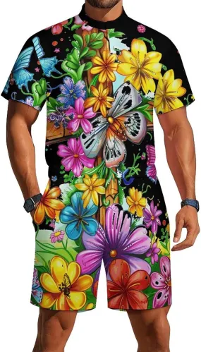 Faith-Cross Floral Butterflies Flowers Mens Short Sleeve Rompers Printed Slim Fit One Piece Jumpsuit with Pocket