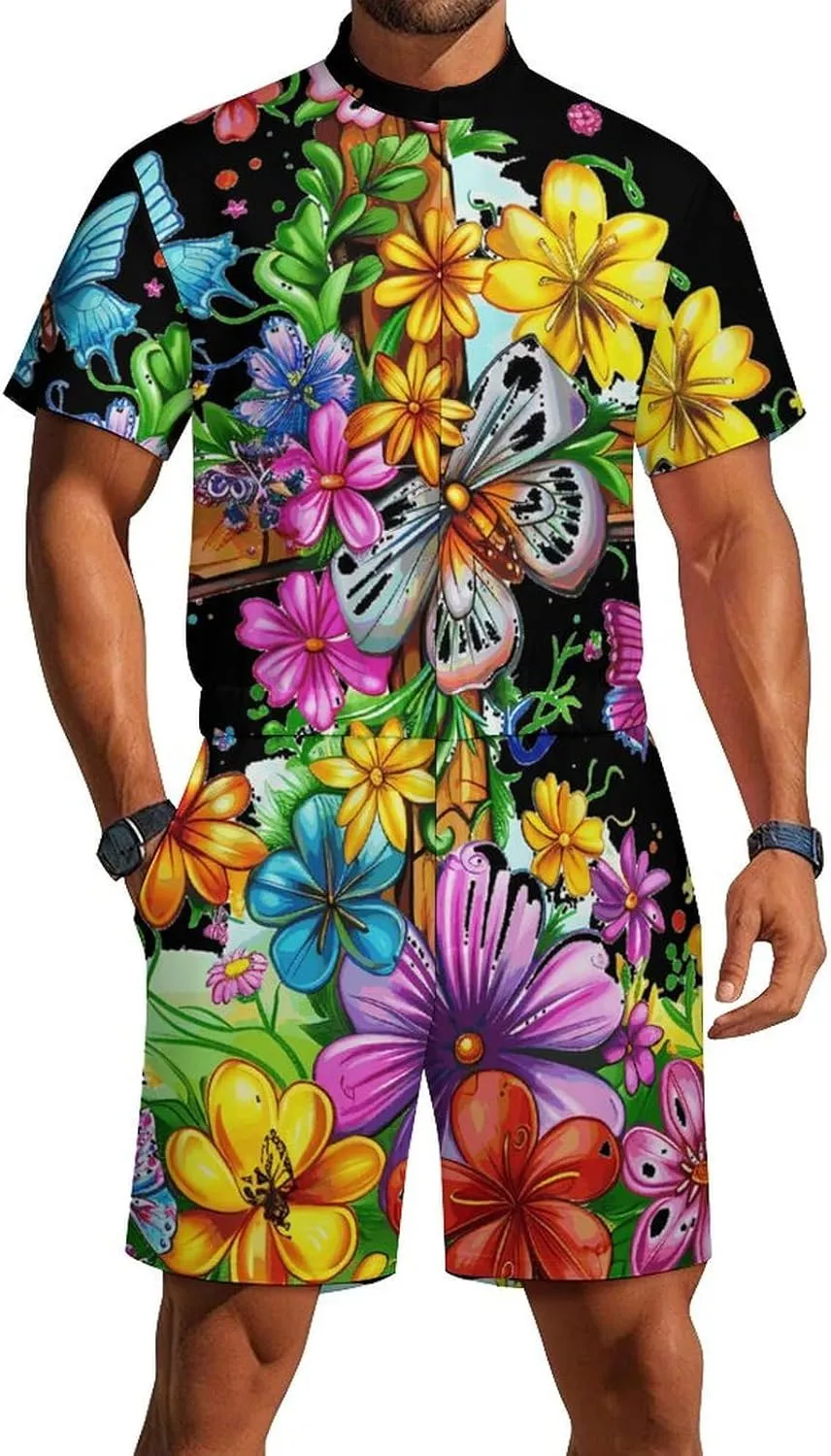 Faith-Cross Floral Butterflies Flowers Mens Short Sleeve Rompers Printed Slim Fit One Piece Jumpsuit with Pocket