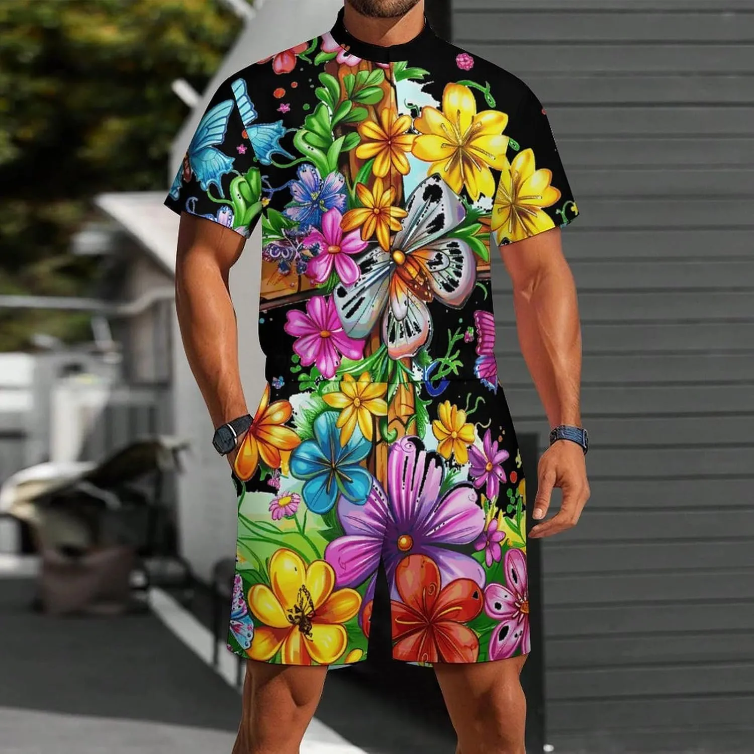 Faith-Cross Floral Butterflies Flowers Mens Short Sleeve Rompers Printed Slim Fit One Piece Jumpsuit with Pocket