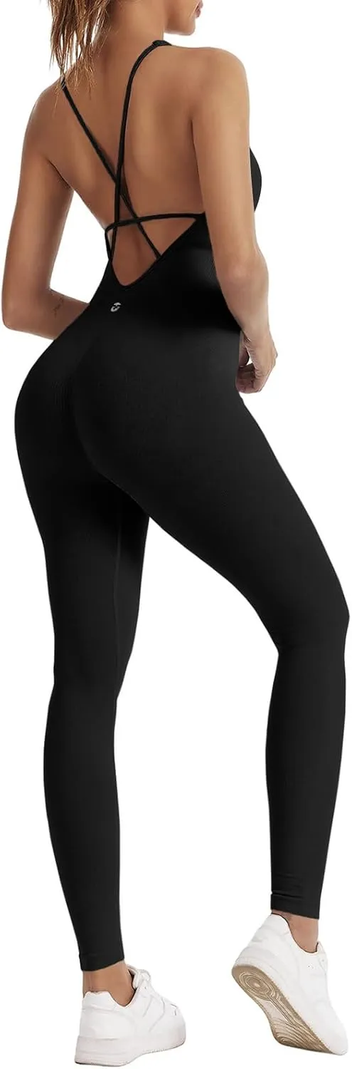 Fisoew Womens One Piece Backless Jumpsuits Casual Spaghetti Straps Bodycon Ribbed Seamless Unitard Leggings Romper