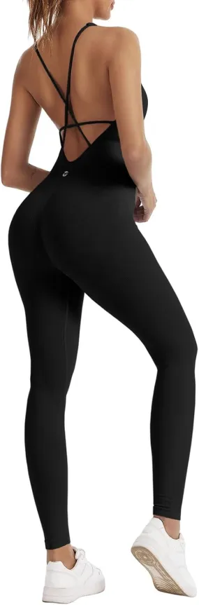 Fisoew Womens One Piece Backless Jumpsuits Casual Spaghetti Straps Bodycon Ribbed Seamless Unitard Leggings Romper