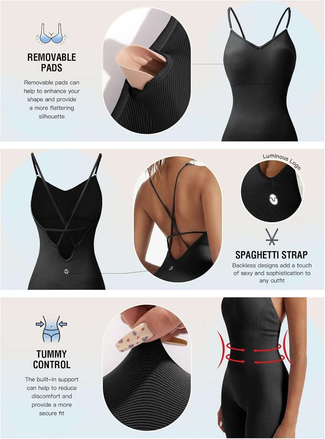 Fisoew Womens One Piece Backless Jumpsuits Casual Spaghetti Straps Bodycon Ribbed Seamless Unitard Leggings Romper