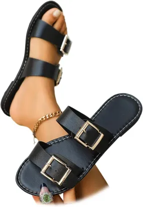 Flat Sandals for Women Dressy Comfortable Arch Support Slip on Flat Slides Buckle Summer Beach Sandal Shoes