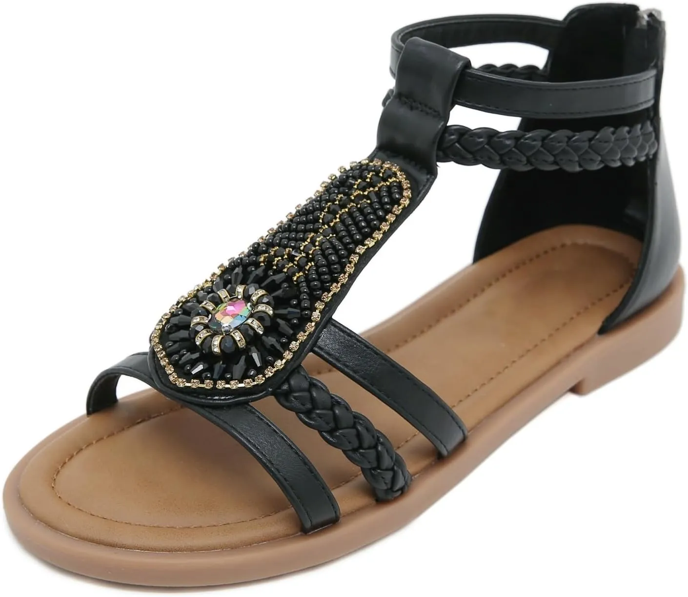 Flat Sandals for Women Dressy Open Toe Fashion Summer Walking Flat Shoes Travel Casual Rhinestone Roman Sandals