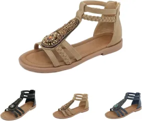 Flat Sandals for Women Dressy Open Toe Fashion Summer Walking Flat Shoes Travel Casual Rhinestone Roman Sandals