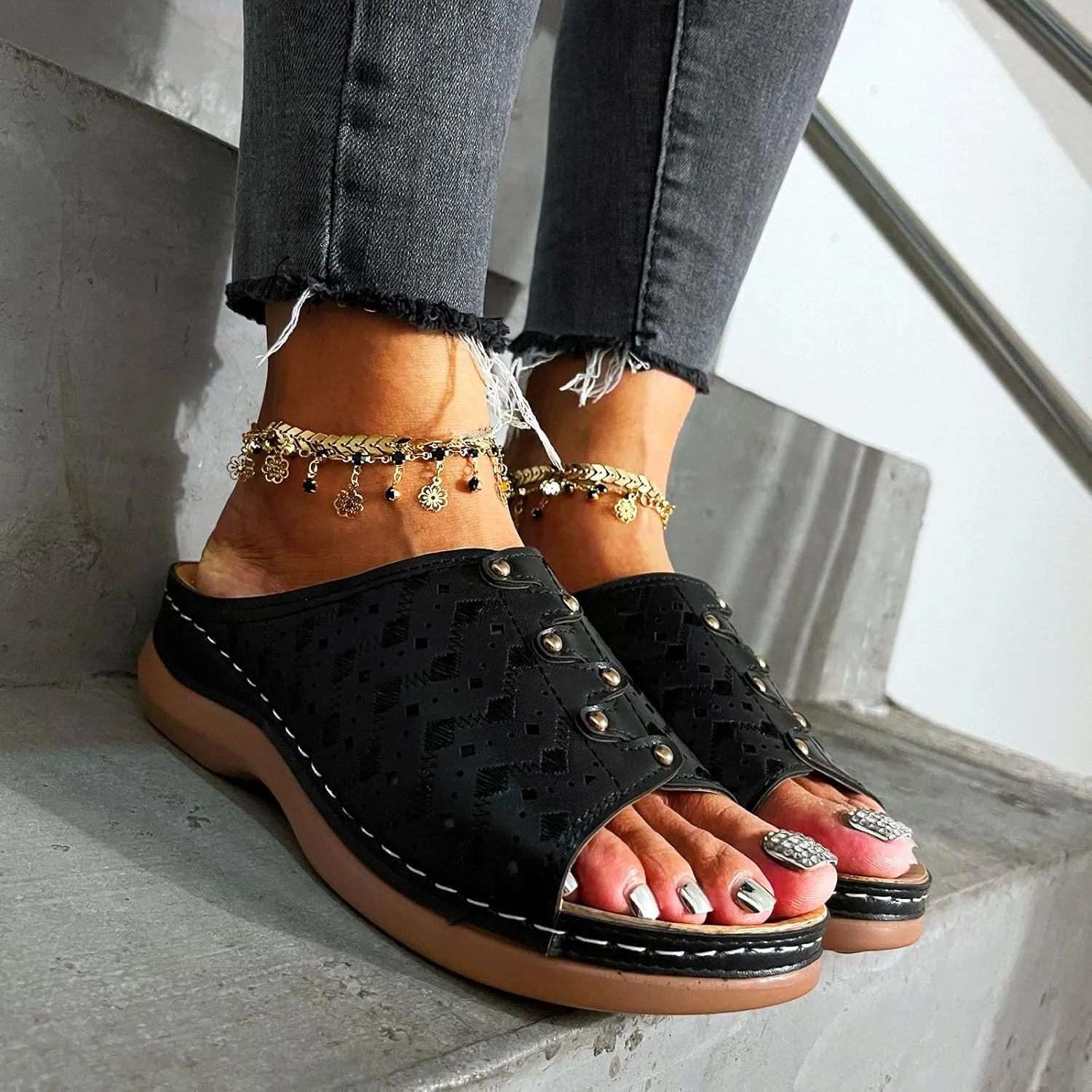Flat Sandals for Women Summer Open Toes Shoes Walking Outdoor Womens Flat Orthopedic Sandal