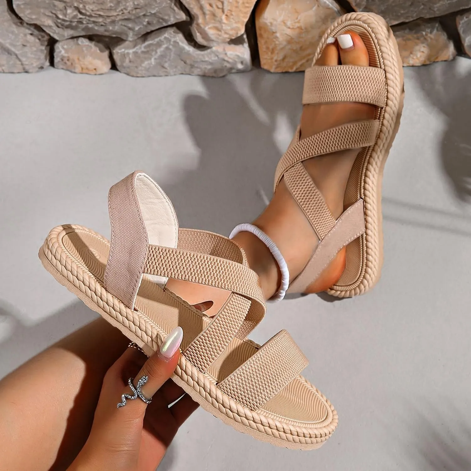 Flat Strappy Sandals For Women Fancy Wedding Dress Shoes Adjustable Double Strap Cross Beach Womens Flat Sandals