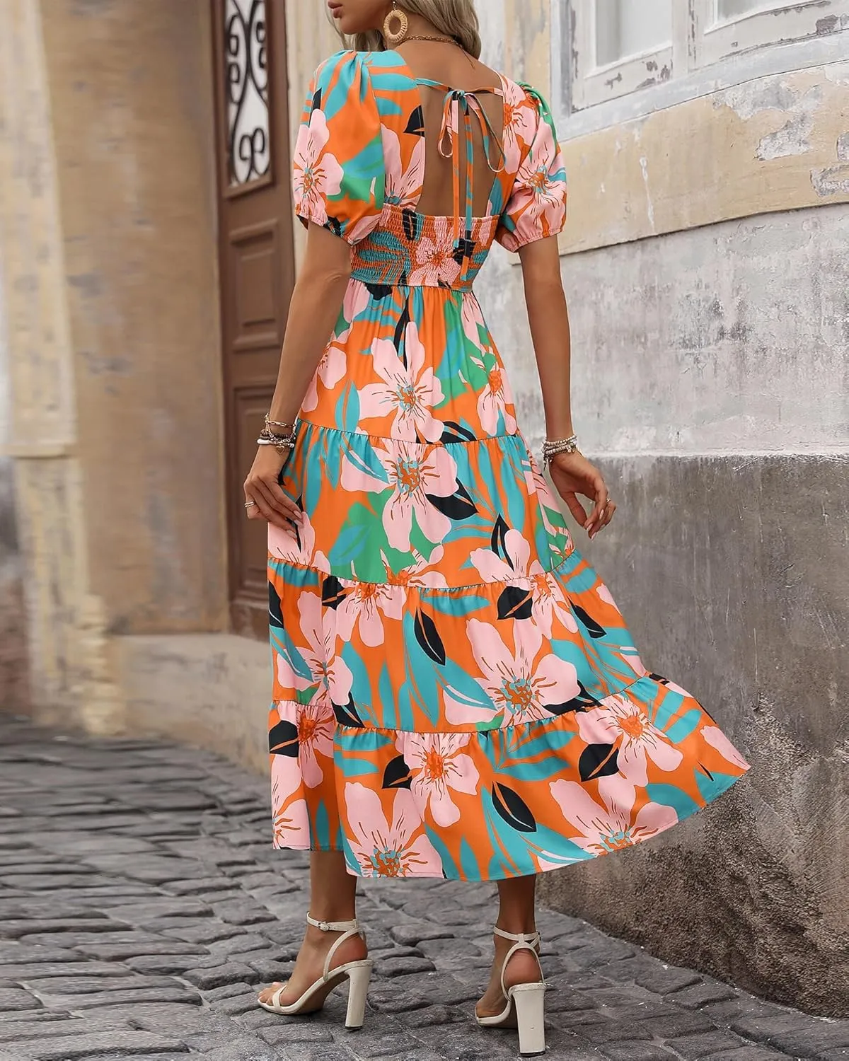 Floral Dress for Women Summer Puff Short Sleeve Square Neck Maxi Dress Casual Ruffle High Waist Dresses 2025