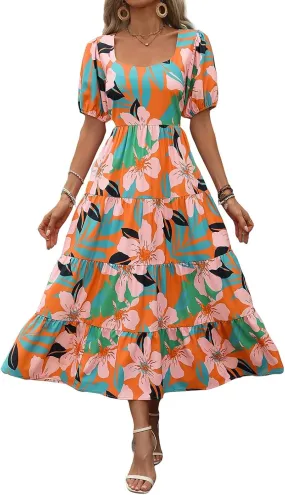 Floral Dress for Women Summer Puff Short Sleeve Square Neck Maxi Dress Casual Ruffle High Waist Dresses 2025