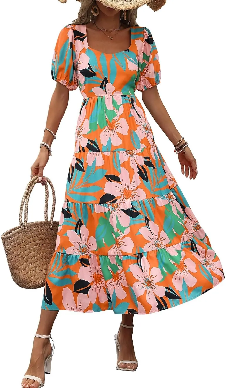 Floral Dress for Women Summer Puff Short Sleeve Square Neck Maxi Dress Casual Ruffle High Waist Dresses 2025