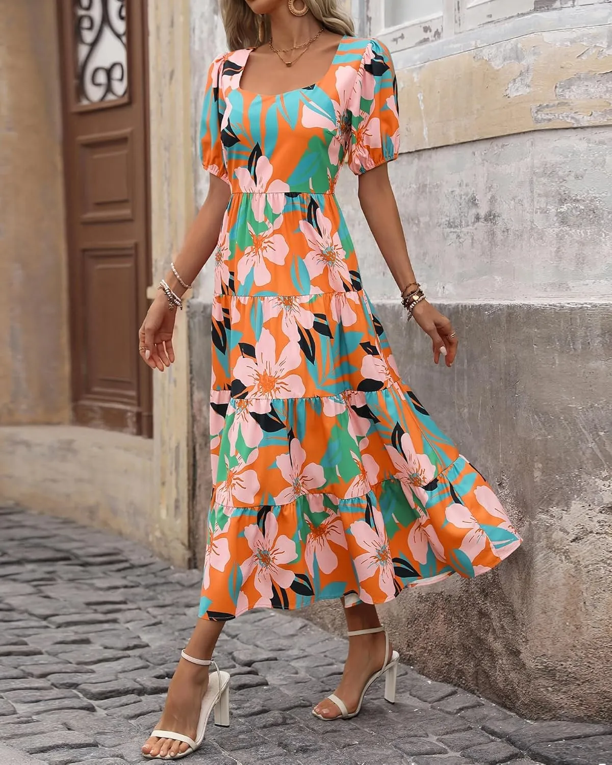 Floral Dress for Women Summer Puff Short Sleeve Square Neck Maxi Dress Casual Ruffle High Waist Dresses 2025